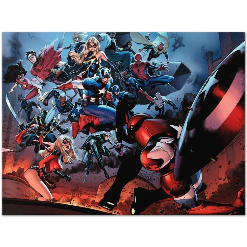Siege #3 by Marvel Comics: A piece of comic book history, this limited edition, from original art by Oliver Coipel, depicts Ms. Marvel, Captain America, Ronin, Wiccan, Spider Woman, Spider-Man, Iron Man, and many more. Olivier 