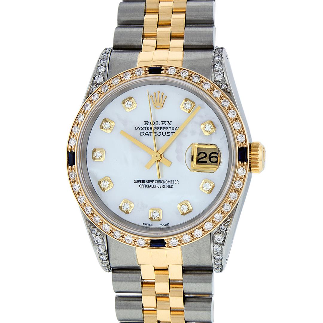 Rolex Mens 36 Datejust MOP Diamond & Sapphire Lugs 36MM: One Mens Pre Owned Yellow Gold Rolex Datejust Polished Bright with Satin Finish, Serviced & Electronically Tested, Stainless Steel Case: 36mm, Custom Diamond Lugs: 28 Diamonds In Lugs, Color: G to H,