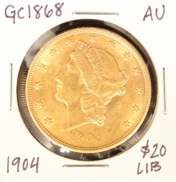 1904 $20 AU Liberty Head Double Eagle Gold Coin GC1868: 1904 $20 AU Liberty Head Double Eagle Gold Coin GC1868. As-Is Condition! YQ1981DL. 1904 $20 AU Liberty Head Double Eagle Gold Coin. Thank you for viewing this lot. We are always adding new inventory a
