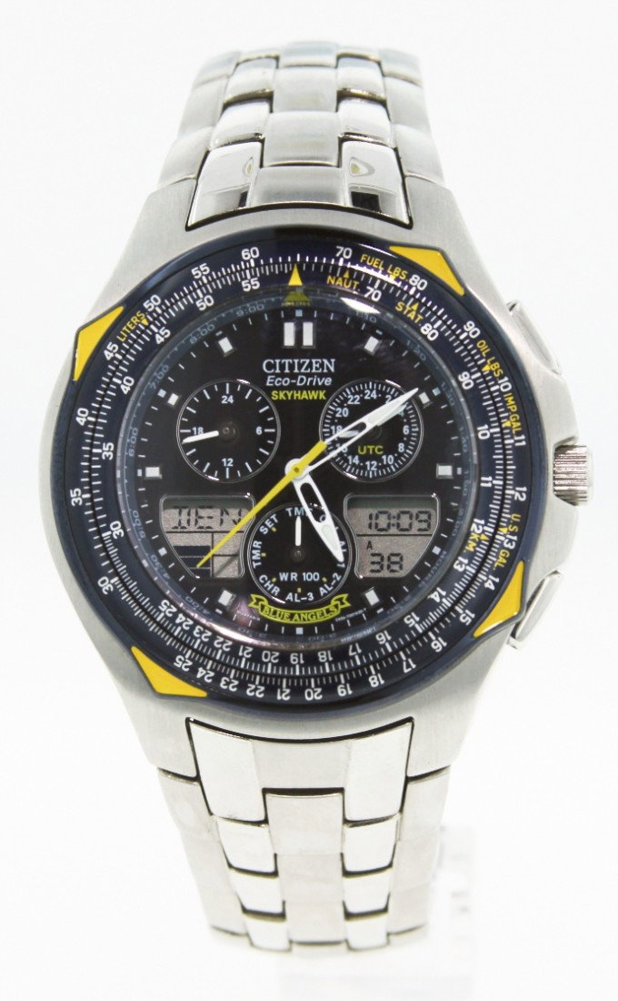 Men's Citizen Blue Angels Skyhawk Eco-Drive Watch WBS60: Men's Citizen Blue Angels Skyhawk Eco-Drive Watch WBS60. Excellent Condition! FD671MS. One men's Citizen Blue Angels Skyhawk Eco-Drive watch. Model #JR3080-51L. This light powered Citizen watch featur