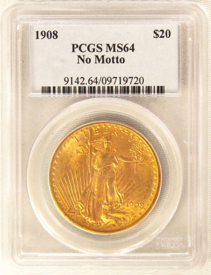 PCGS MS64 1908 $20 No Motto St. Gaudens Double Eagle Go: "PCGS MS64 1908 $20 No Motto St. Gaudens Double Eagle Gold Coin GOP3. As-Is Condition! CH6712TM. 1908 $20 No Motto St. Gaudens Double Eagle Gold Coin. Thank you for viewing this lot! We are always add