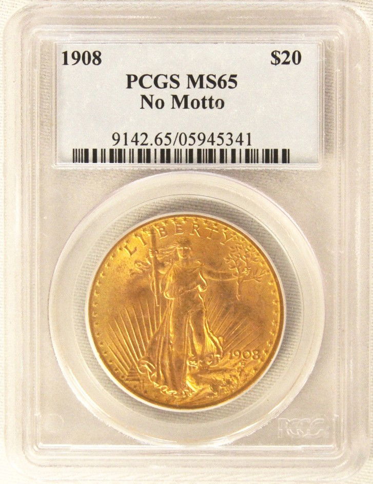 PCGS MS65 1908 $20 No Motto St. Gaudens Double Eagle Go: "PCGS MS65 1908 $20 No Motto St. Gaudens Double Eagle Gold Coin GOP6. As-Is Condition! TW6242GN. 1908 $20 No Motto St. Gaudens Double Eagle Gold Coin. Thank you for viewing this lot! We are always add