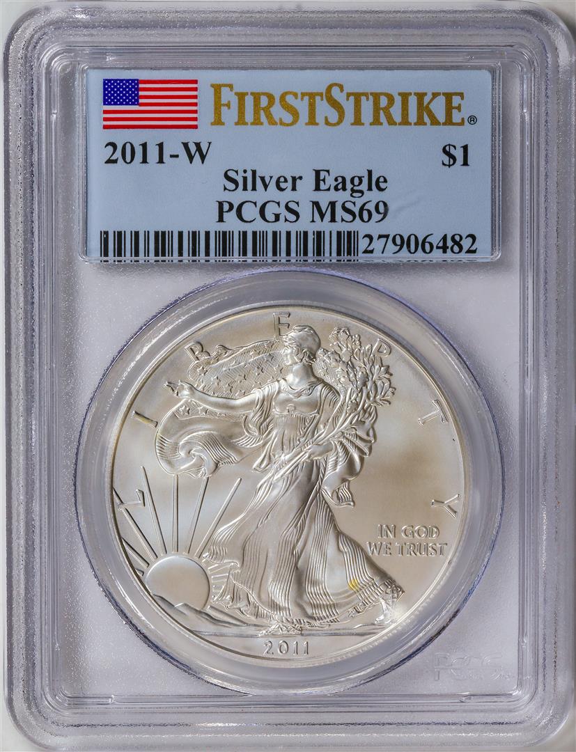 2011-W American Silver Eagle .999 Fine Silver Dollar Coin PCGS MS69: One 2011-W American Silver Eagle .999 Fine Silver Dollar Coin PCGS MS69.