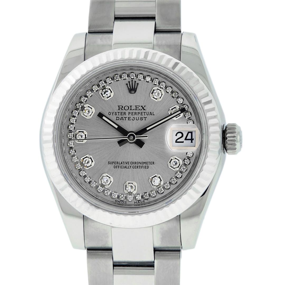 Rolex Womens Midsize 31mm Slate Grey String Diamond Datejust Wristwatch: One Women's Pre Owned Midsize Stainless Steel Rolex Datejust Polished, Serviced & Electronically Tested, Rolex Stainless Steel Case Case: 31mm, Rolex Stainless Steel Crown, Rolex Bezel: Rolex White Go