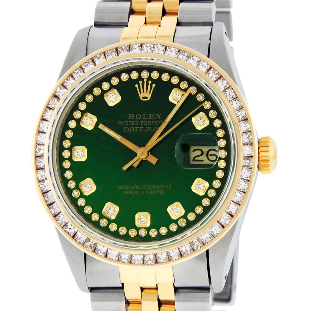 Rolex Mens 2 Tone Green Vignette Princess Cut Diamond Datejust Wristwatch: One Mens Pre Owned Yellow Gold Two Tone Rolex Datejust Polished Bright with Satin Finish, Serviced & Electronically Tested, Rolex Yellow Gold And Stainless Steel Case: 36mm, Rolex Yellow Gold Crown, C