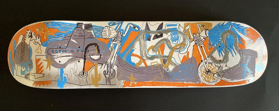 Hand painted skateboard "New Life" by Gino Perez: New Life by Gino Perez. "New Life" is a wood Sugar Skate Co deck, with hand painted original artwork by Gino Perez, and hand signed. Measures approximately 31.5" x 7.75". Year 2019. Never mounted or d