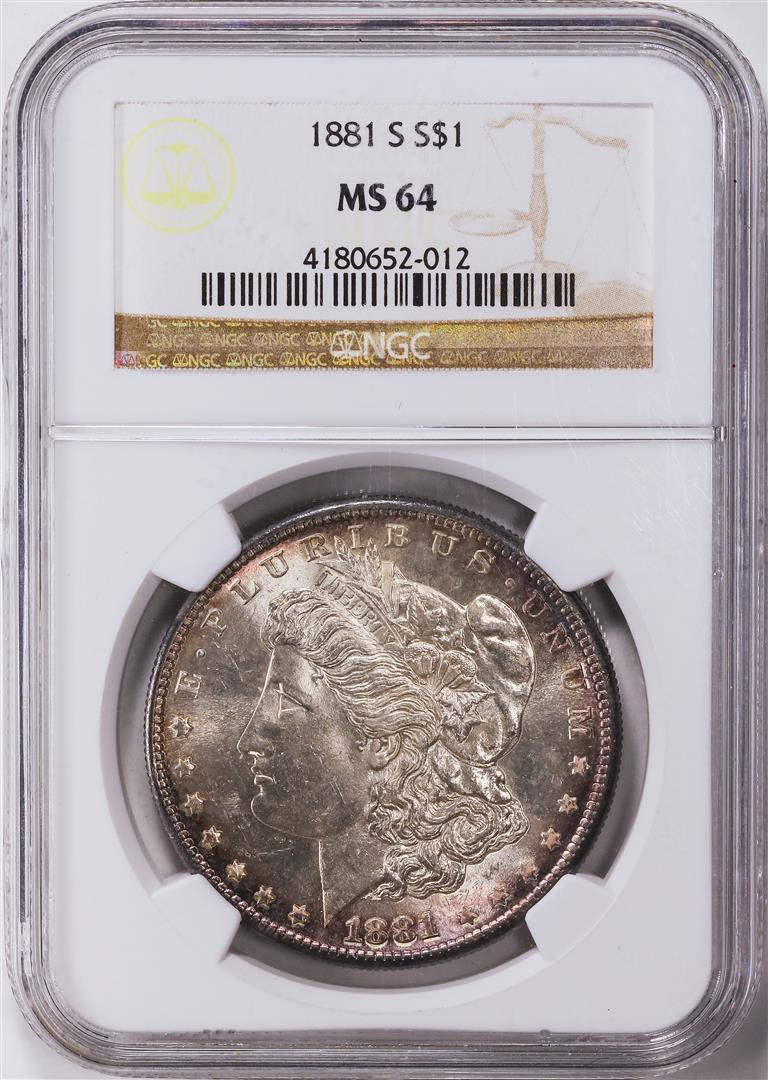 1881-S $1 Morgan Silver Dollar Coin NGC MS64: One 1881-S $1 Morgan Silver Dollar Coin NGC MS64.