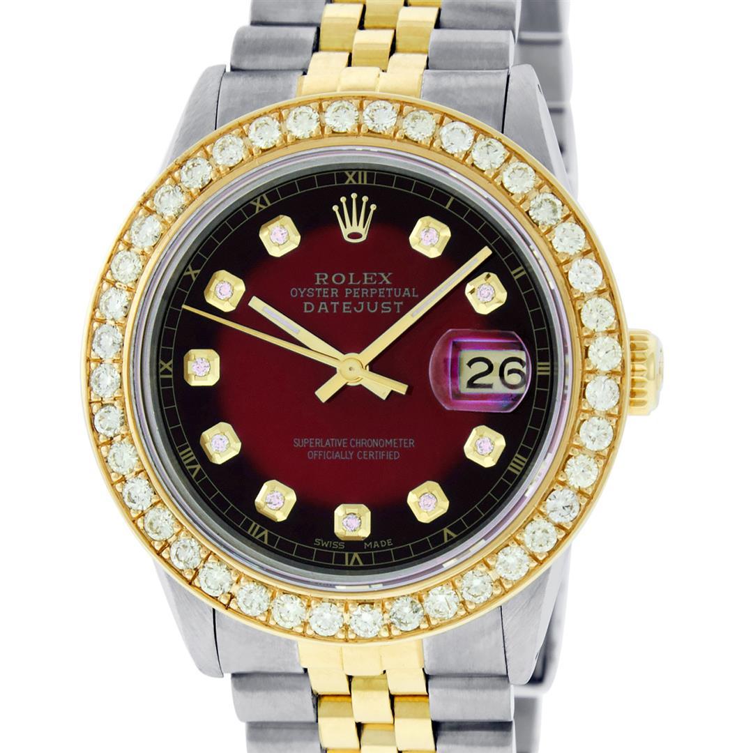 Rolex Mens 2T 18K Red Vignette 2.5 ctw Diamond Datejust Wristwatch: One Mens Pre Owned Yellow Gold Two Tone Rolex Datejust Polished Bright with Satin Finish, Serviced & Electronically Tested, Yellow Gold And Stainless Steel Case: 36mm, Yellow Gold Crown, Custom Bezel: