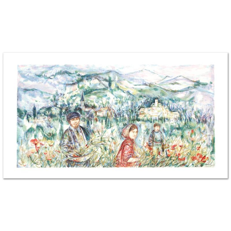 The Flower Harvest by Hibel (1917-2014): "The Flower Harvest" is a limited edition lithograph on paper, numbered and hand signed by Edna Hibel (1917-2014). Includes Certificate of Authenticity! Measures approx. 28.5" x 16" (with border), 25"