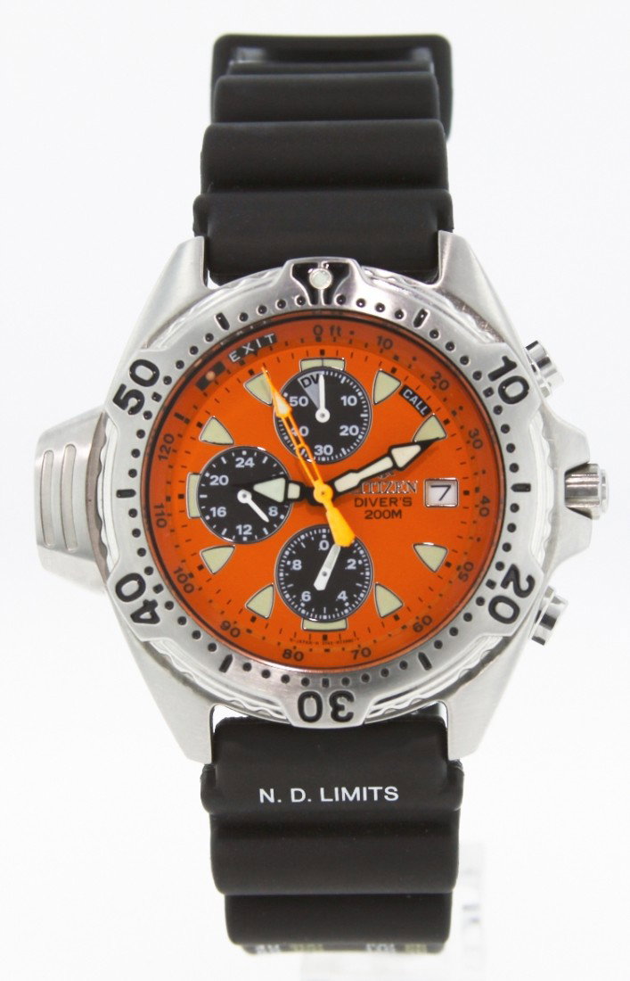 Promaster Citizen Eco-Drive Aqualand Diver Chronograph : "Promaster Citizen Eco-Drive Aqualand Diver Chronograph Watch WBS58. Great Condition! DT671KN. The world's first light powered dive watch features an extremely durable brushed steel case which is acce