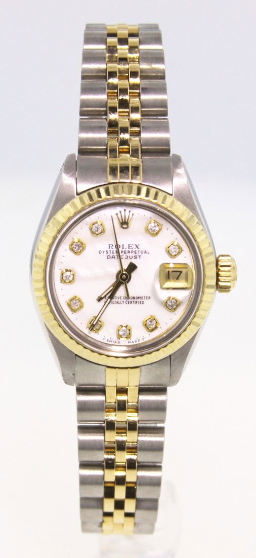 Ladies Rolex Two-Tone DateJust Wristwatch WBS54: "Ladies Rolex Two-Tone DateJust Wristwatch WBS54. Excellent Condition! IT1002GR. One ladies hand crafted and machine milled DateJust wristwatch. This vintage timepiece features an adjustable Stainless