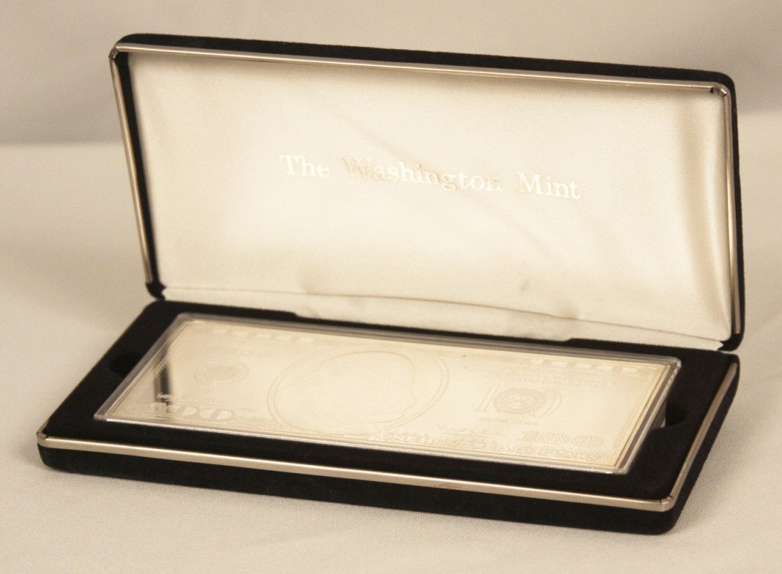 2000 $100 Washington Mint 4oz Silver Bar CS192: "2000 $100 Washington Mint 4oz Silver Bar CS192. As-Is Condition! MS671RJ. This is a 4 Troy ounce .999 fine silver bar from The Washington Mint. Comes with Case. Thank you for viewing this lot. We are