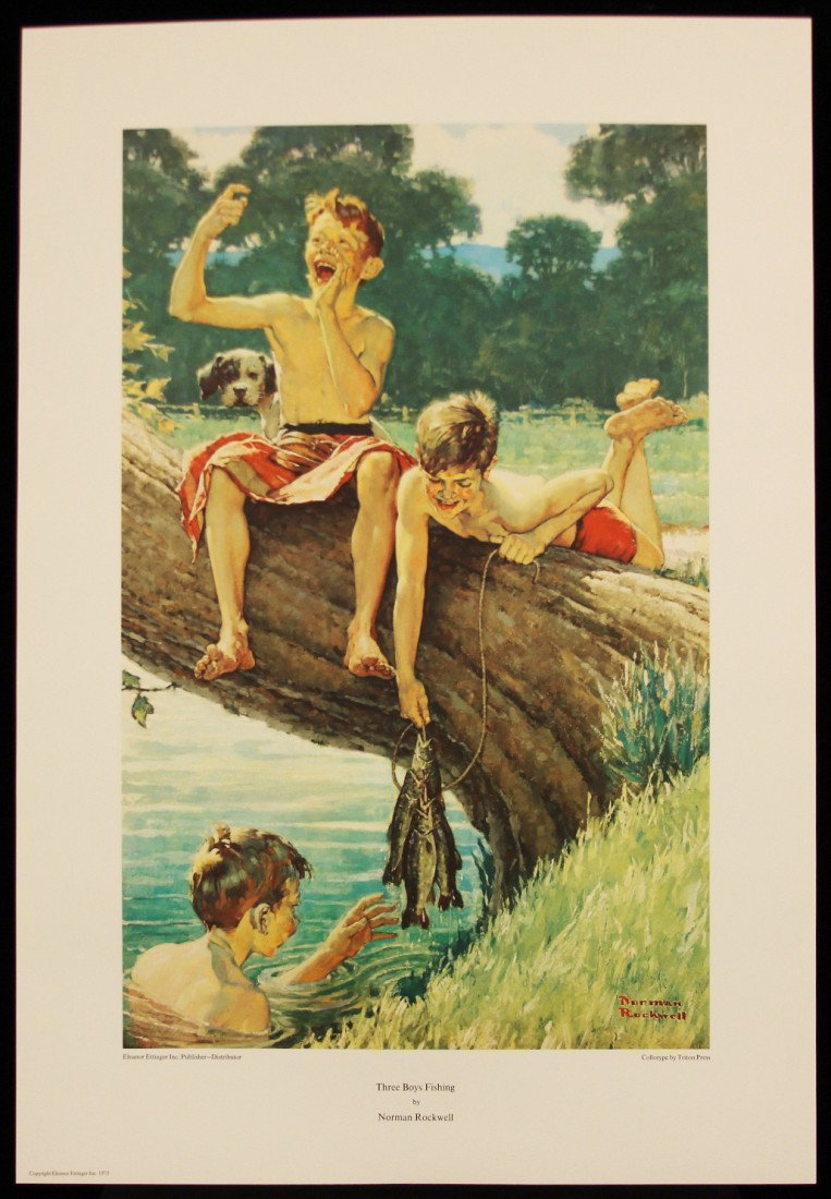 Norman Rockwell "Three Boys Fishing" Fine Art Print AP1: "Norman Rockwell "Three Boys Fishing" Fine Art Print AP193. Excellent Condition! IZ62AB. One fine art print of "Three Boys Fishing" by Norman Rockwell with Certificate of Authenticity. Norman Rockwell