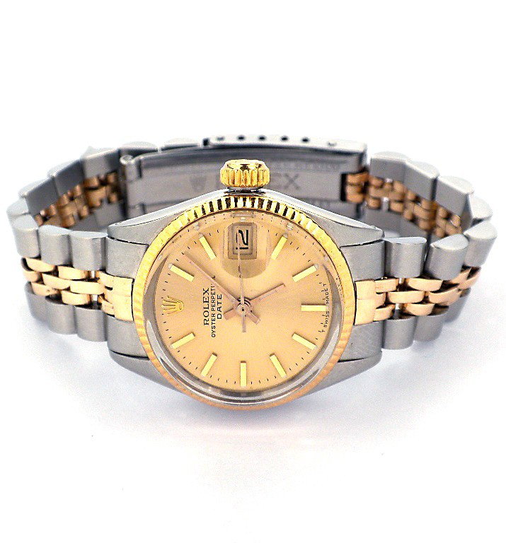 Lady Rolex Two-Tone Date Model Wristwatch A3316: "Lady Rolex Two-Tone Date Model Wristwatch A3316. Great Condition! DE1581FR. One ladies, hand crafted and machine milled Rolex Date Model Stainless Steel and 14KT yellow gold wristwatch electronically