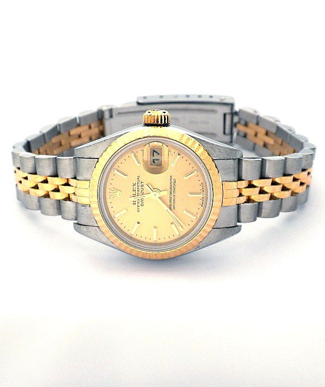 Lady Rolex Two-Tone DateJust Wristwatch A3334: "Lady Rolex Two-Tone DateJust Wristwatch A3334. Great Condition! RB5052AL. One ladies, hand crafted & machine milled Rolex DateJust Model. Stainless Steel & 18KT yellow gold wristwatch electronically