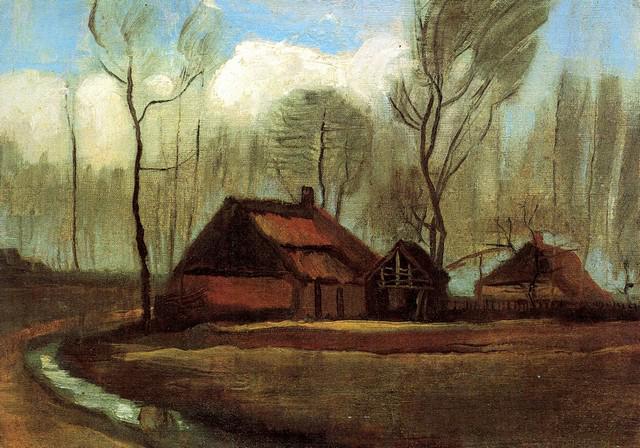Van Gogh - Farmhouses Among Trees: Artist: Vincent Van Gogh - Title: Farmhouses Among Trees - Medium: Fine Art Reproduction Giclee on Archival Canvas - Image Size: Approximately 22.5 inches x 32 inches - Unframed on Unstretched Canvas 