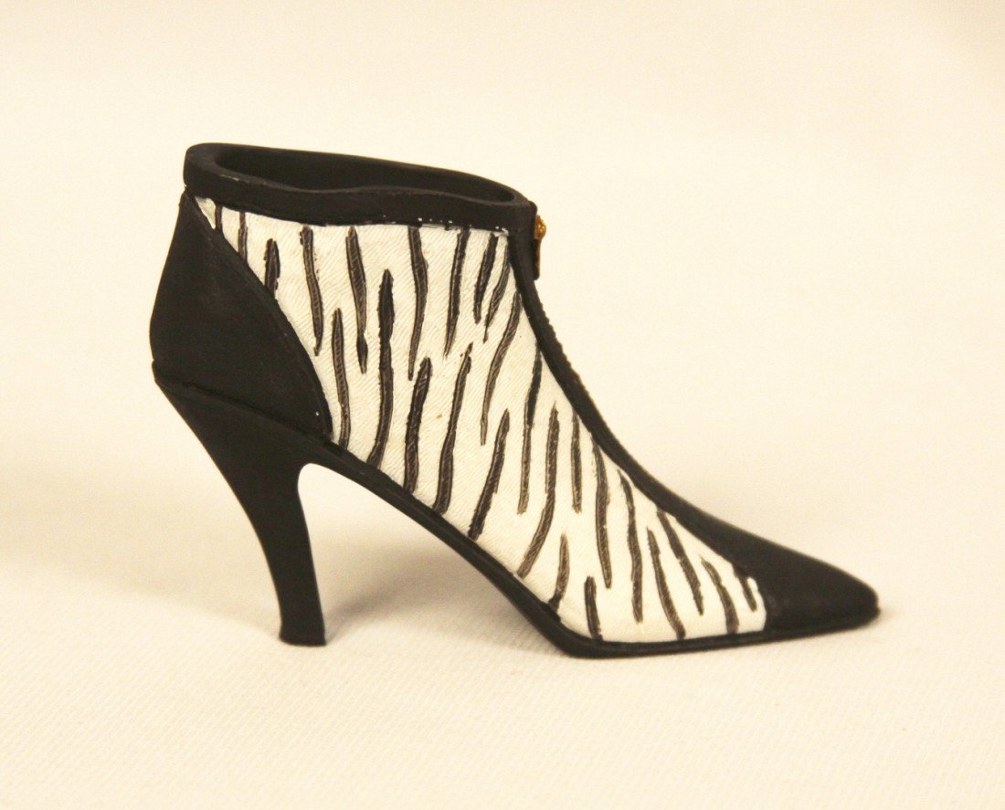 My Treasure' Zebra Ankle Boot Collectible Miniature Sho: "My Treasure' Zebra Ankle Boot Collectible Miniature Shoe BD155. Great Condition! VL12NG. 'My Treasure' Zebra Patterned Ankle Boot Collectible Miniature Shoe with zipper embellishment. Circa 1999. Tha