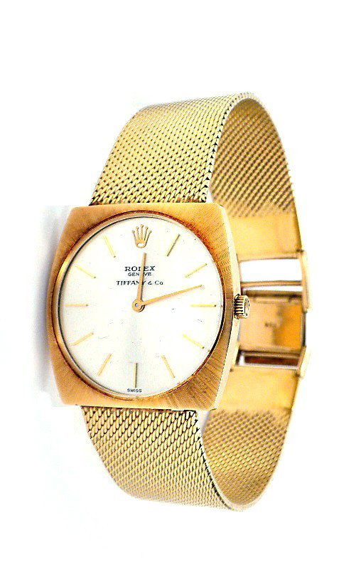Vintage 14KT Gold Rolex Wristwatch A3332: "Vintage 14KT Gold Rolex Wristwatch A3332. Great Condition! VF1552ER. One, hand crafted and machine milled Rolex wrist watch for Tiffany and Co. electronically tested 14KT yellow gold. Crystal: acryli