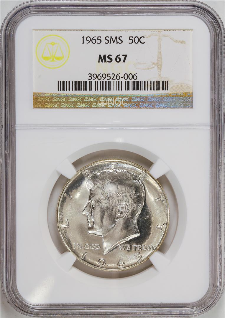 1965-SMS Kennedy Half Dollar Coin NGC MS67: One 1965-SMS Kennedy Half Dollar Coin NGC MS67.
