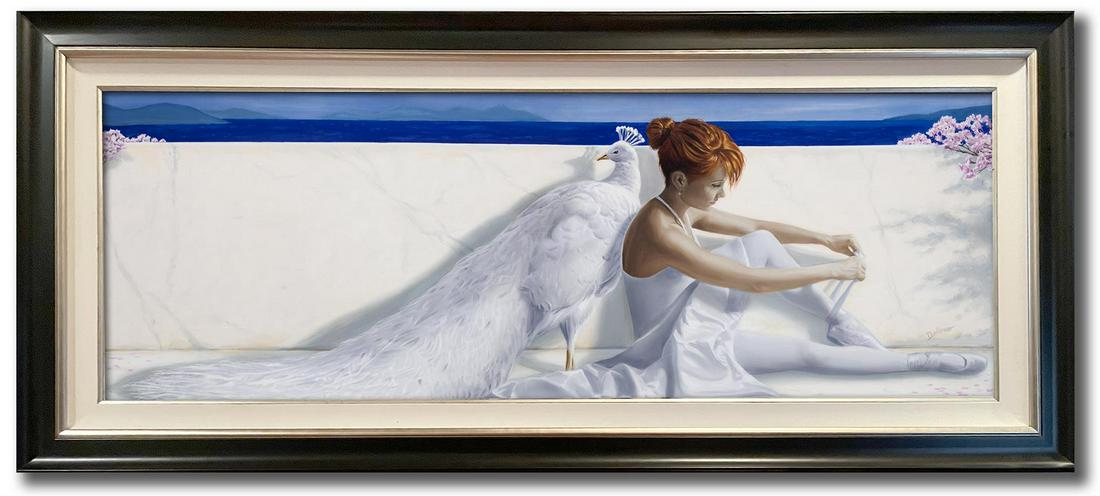 Birds of a Feather by Dellorco: This magnificent Showpiece reminds us of the strangely sexual "Women and Bird" couplings of the great Rennaissance artists. A 48x16" image , it will look stunningly beautiful in a classic black mouldi
