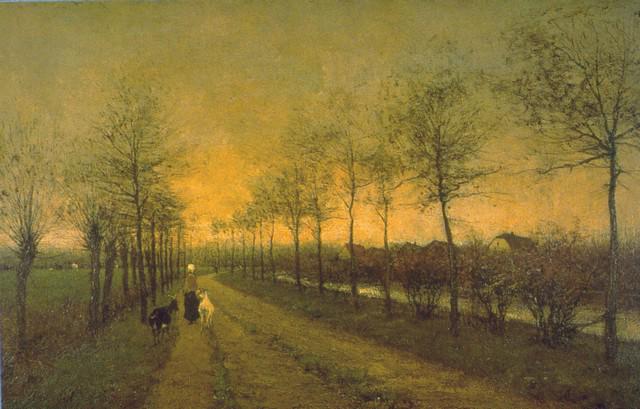 Willem Maris - Dusk: Artist: Willem Maris - Title: Dusk - Medium: Fine Art Reproduction Giclee on Canvas - Image Size: Approximately 12.75 inches x 20 inches - Unframed on Unstretched Canvas - Biography: Willem Maris was 