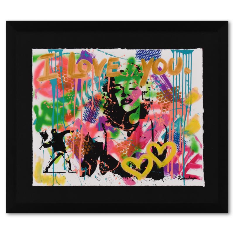 Shadow on Marilyn Monroe by Rovenskaya Original: "Shadow on Marilyn Monroe" is a one-of-a-kind mixed media on deckle edge paper by Nastya Rovenskaya, Hand signed by the artist. This piece comes floating in a custom frame. Includes Letter of Authenti