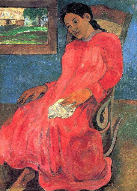 Paul Gauguin - Woman in Red Dress: Artist: Paul Gauguin - Title: Woman in Red Dress - Medium: Fine Art Reproduction Giclee on Canvas - Image Size: Approximately 20 inches x 14.25 inches - Unframed on Unstretched Canvas - Biography: Fre