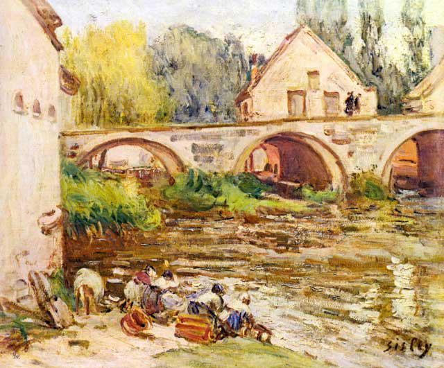 Alfred Sisley - The Laundresses by Moret: Artist: Alfred Sisley - Title: The Laundresses by Moret - Medium: Fine Art Reproduction Giclee on Canvas - Image Size: Approximately 16.5 inches x 20 inches - Unframed on Unstretched Canvas - Biograph