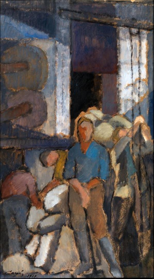 Alvar Cawen - At the Factory: Artist: Alvar Cawen - Title: At the Factory - Medium: Fine Art Reproduction Giclee on Canvas - Image Size: Approximately 32 inches x 17.5 inches - Unframed on Unstretched Canvas - Biography: Frans Alv