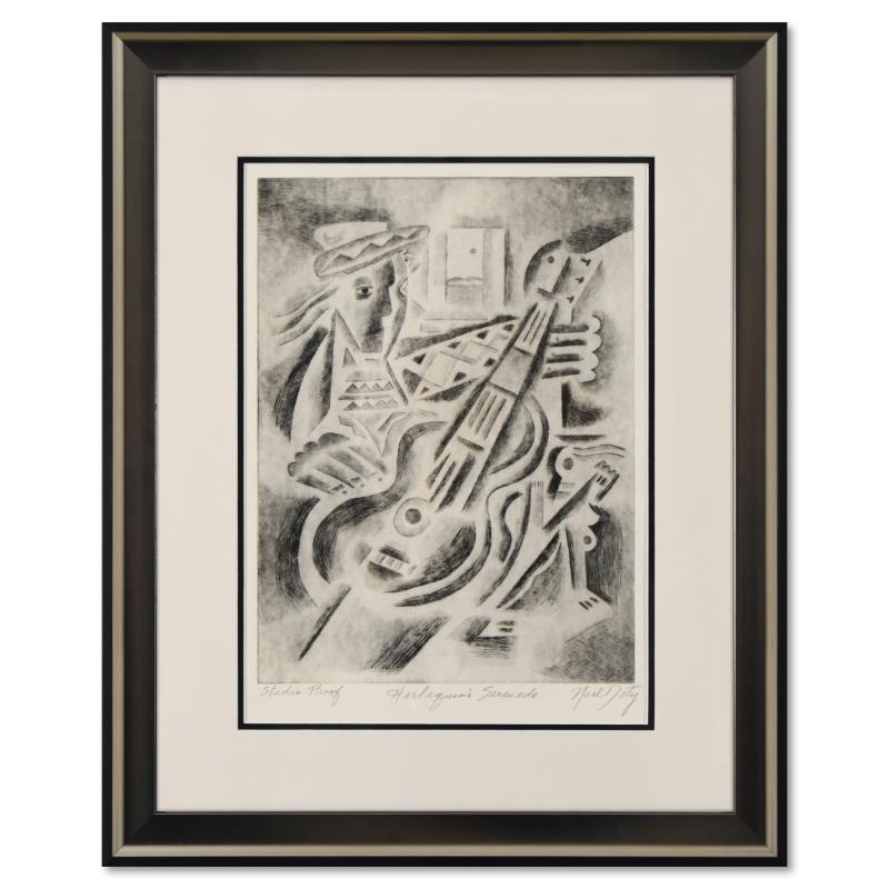 Harlequin's Serenade by Neal Doty (1941-2016): "Harlequin's Serenade" is a limited edition studio proof on paper by Neal Doty (1941-2016), hand signed by the artist. This piece comes custom framed. Includes Letter of Authenticity. Measures approx.