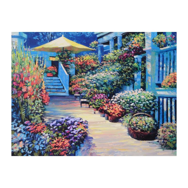Nantucket Flower Market by Behrens (1933-2014): "Nantucket Flower Market" is a limited edition giclee on canvas by Howard Behrens (1933-2014), numbered and bearing the authorized signature of the artist. This piece is from Behrens' Legacy Edition.