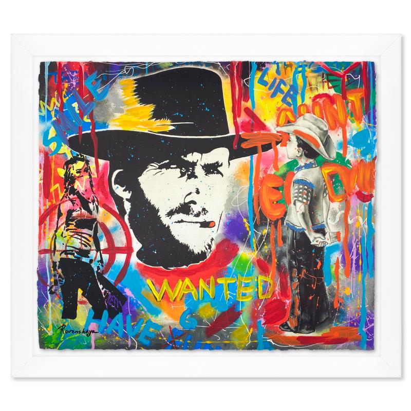 Wanted by Rovenskaya Original: "Wanted" is a one-of-a-kind mixed media on deckle edge paper by Nastya Rovenskaya, Hand signed by the artist. This piece comes floating in a custom frame. Includes Letter of Authenticity. Measures app