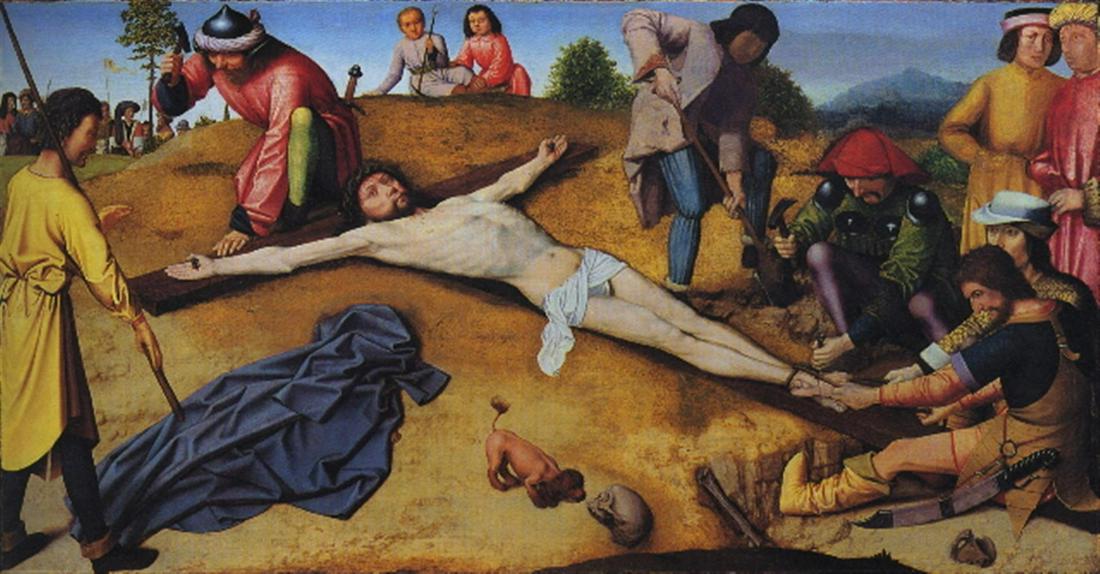 Gerard David -Christ Nailed to the Cross: Artist: Gerard David - Title: Christ Nailed to the Cross - Medium: Fine Art Giclee on Canvas - Image Size: Approximately 20 inches x 10.5 inches - Unframed on Unstretched Canvas - Biography: Gerard Da