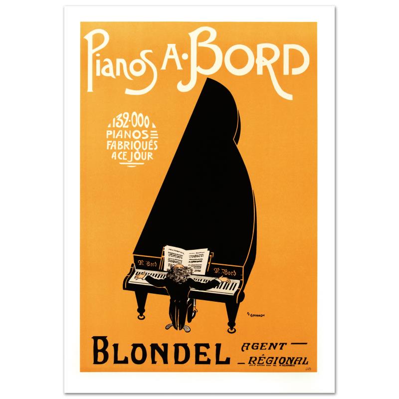 Pianos A Bord by RE Society: "Pianos A Bord" is a hand pulled lithograph on paper by the RE Society, image originally by P.F. Grignon. Includes letter of authenticity. Measures approx. 18.5" x 25" (with border), 16" x 22.5" (imag