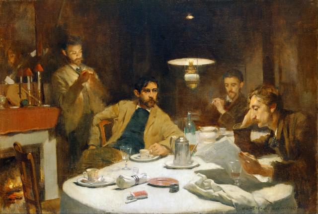 Willard Metcalf - The Ten Cent Breakfast: Artist: Willard Metcalf - Title: The Ten Cent Breakfast - Medium: Fine Art Giclee on Canvas - Image Size: Approximately 13.5 inches x 20 inches - Framed: Unframed on Unstretched Canvas - Biography: Wi