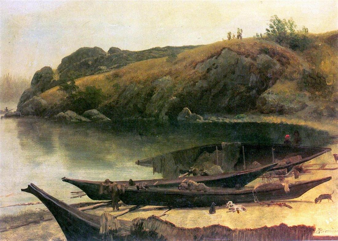 Canoes by Albert Bierstadt: Artist: Albert Bierstadt - Title: Canoes - Medium: Fine Art Giclee on Canvas - Image Size: Approximately 14.25 inches x 20 inches - Unframed on Unstretched Canvas - Biography: Bierstadt became interna