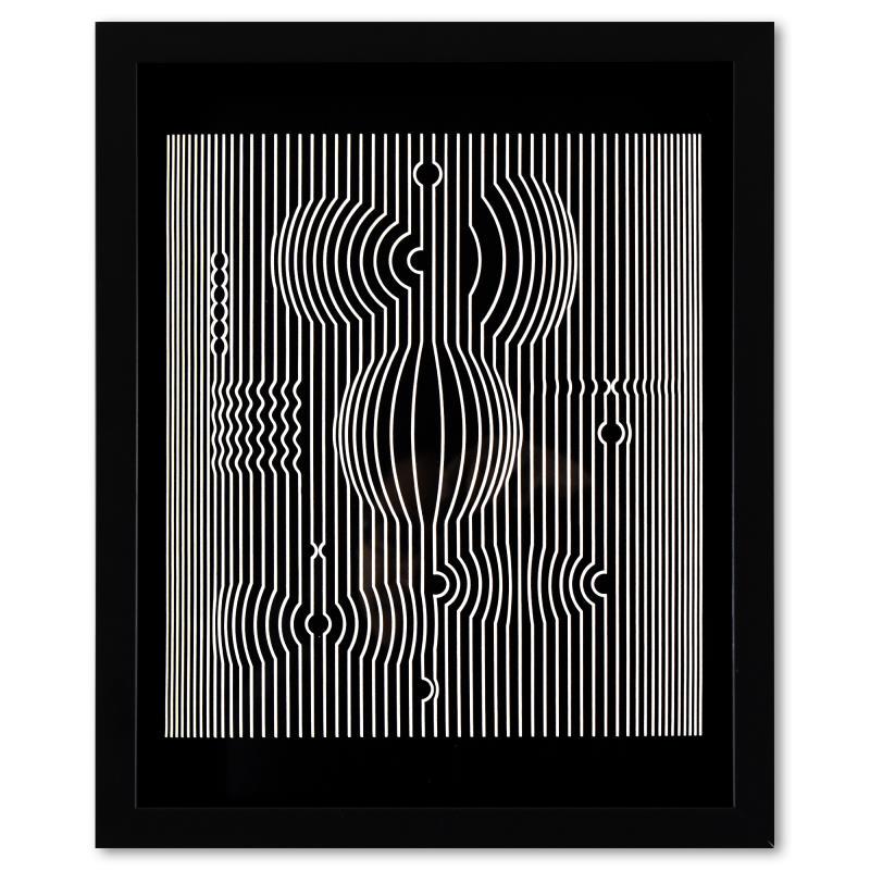 Manipur de la serie Ondulatoires by Vasarely (1908-1997): "Manipur de la serie Ondulatoires" is a heliogravure print on paper, published in 1973, by Victor Vasarely (1908-1997). This piece comes custom framed, with a letter of authenticity and with a 1976 Va