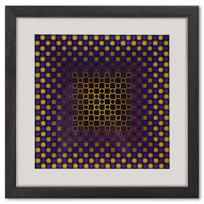 Alom (Purple/Yellow) de la serie Folklore Planetaire by Vasarely (1908-1997): "Alom (Purple/Yellow) de la serie Folklore Planetaire" is a heliogravure print on paper, published in 1971, by Victor Vasarely (1908-1997). This piece comes custom framed, with a letter of authenticit