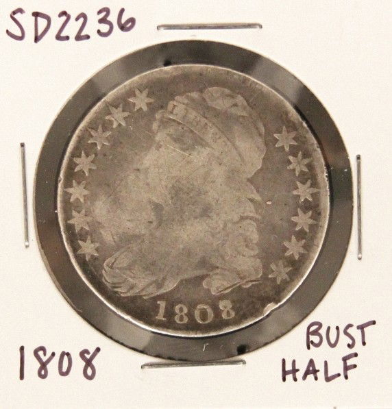 1808 Capped Bust Half Dollar SD2236: "1808 Capped Bust Half Dollar SD2236. As-Is Condition! AS19WP. 1808 Capped Bust Half Dollar. Thank you for viewing this lot. We are always adding new inventory and new auctions, so check back often. W