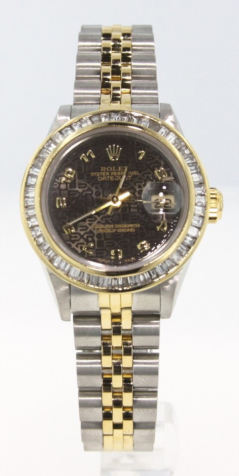 Lady Rolex Two-Tone DateJust Wristwatch A3361: "Lady Rolex Two-Tone DateJust Wristwatch A3361. Excellent Condition! FR2532AI. One ladies, hand crafted and machine milled Rolex DateJust Model Stainless Steel and 18KT yellow gold wristwatch electron