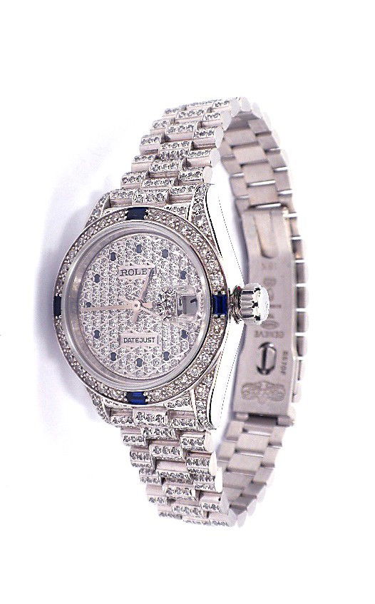 Ladies 18KT White Gold Crown Collection Style DateJust : "Ladies 18KT White Gold Crown Collection Style DateJust Wristwatch A3362. Excellent Condition! IR1097LD. One ladies, hand crafted and machine milled Rolex Lady President, the DateJust model, Crown Col