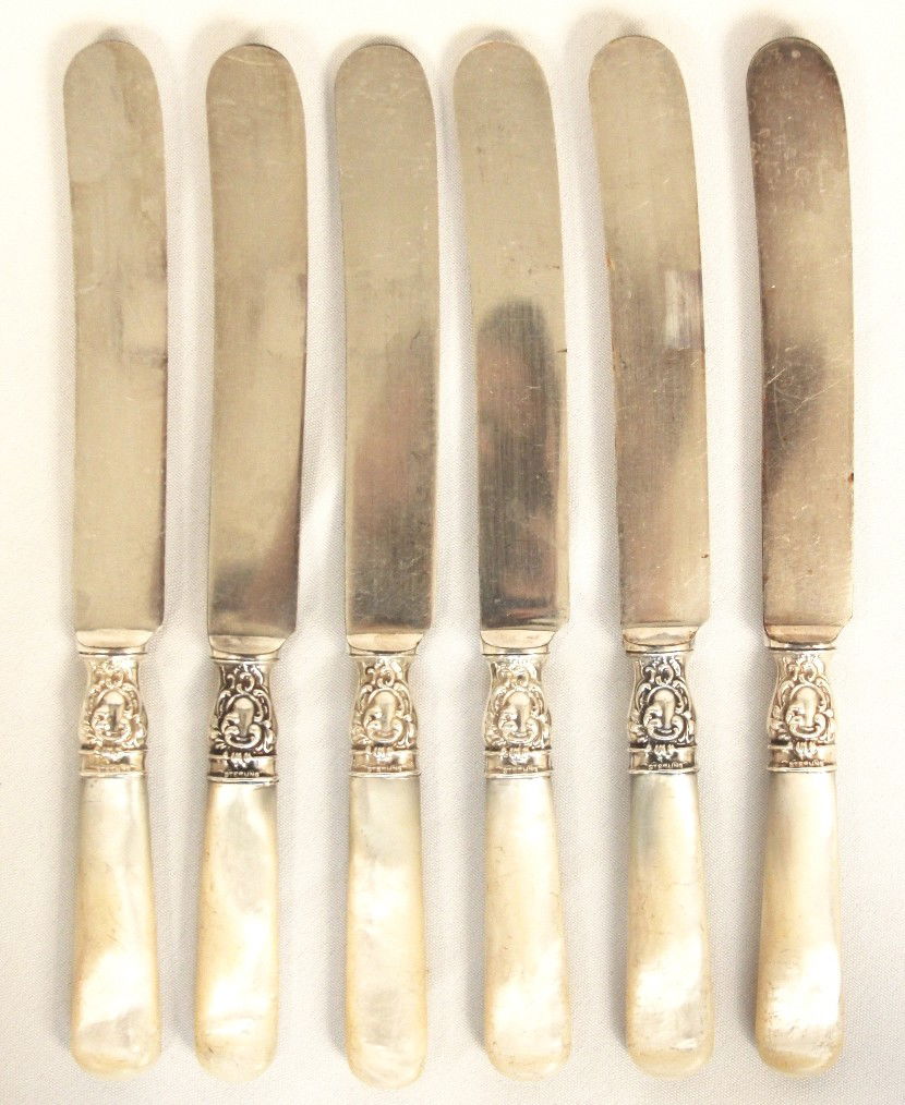 Antique Set of Six Mother of Pearl Knives ED1155: "Antique Set of Six Mother of Pearl Knives ED1155. Good Vintage Condition! RE67TY. Matching set of 6 Mother of Pearl handled dinner knives measuring 8-3/4 inches. Sterling bands with silver plated bla