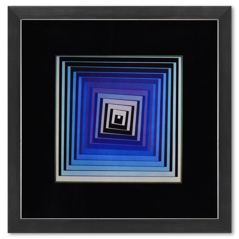 Vonal - Lila de la serie Vonal by Vasarely (1908-1997): "Vonal - Lila de la serie Vonal" is a heliogravure print on paper, published in 1971, by Victor Vasarely (1908-1997). This piece comes custom framed, with a letter of authenticity and with a 1976 Vasa