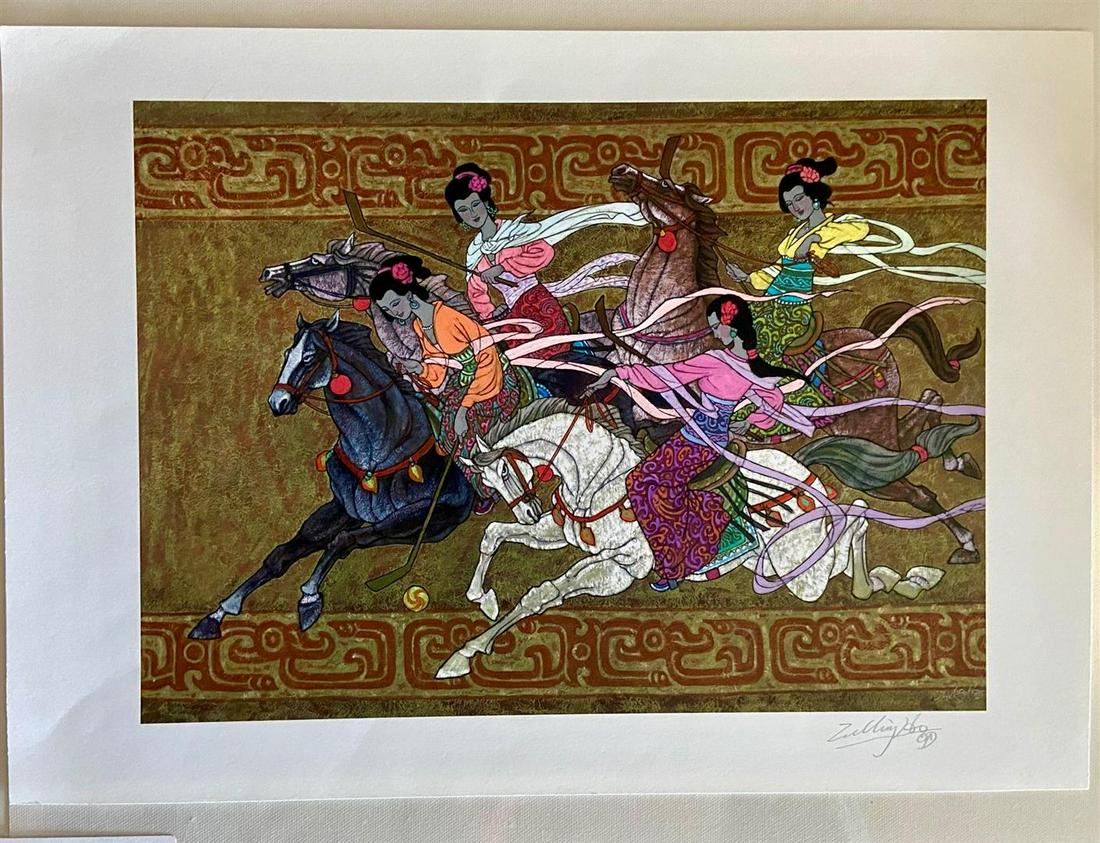 Princesses Polo by Zu Ming Ho: A signed, unnumbered 1/I Unique giclee on paper by renowned Chinese-American artist Zu Ming Ho shows us a Royal Polo match by Ming Dynasty Princesses, all the rage at the time. It is 16.5x11.37"