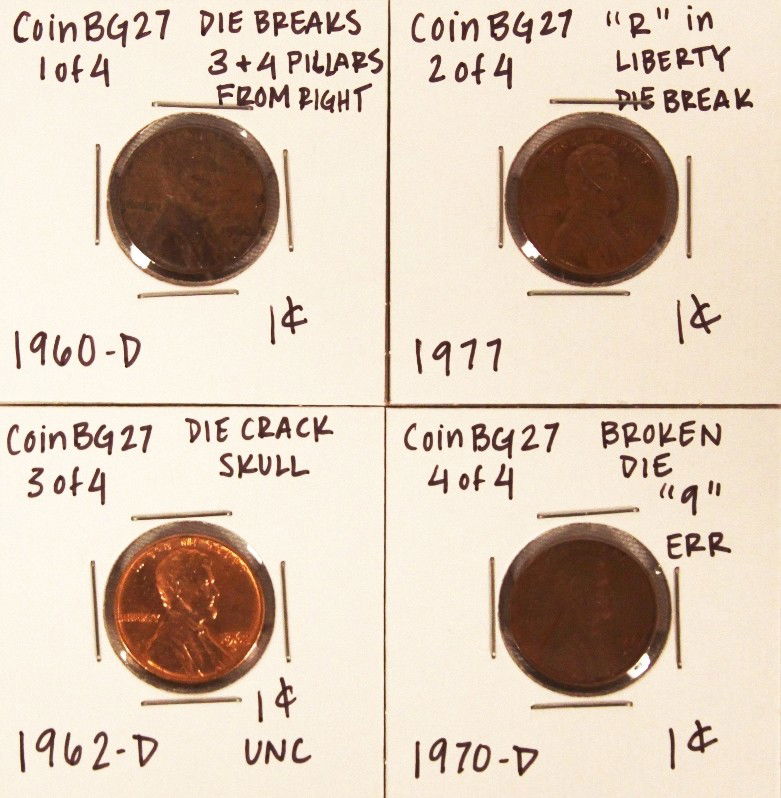 Assorted Lot of 4 Misc Die Breaks CoinBG27: Assorted Lot of 4 Misc Die Breaks CoinBG27. As-Is Condition! EV61SN. Assorted Lot of 4 Misc Die Breaks. Thank you for viewing this lot. We are always adding new inventory and new auctions, so check ba