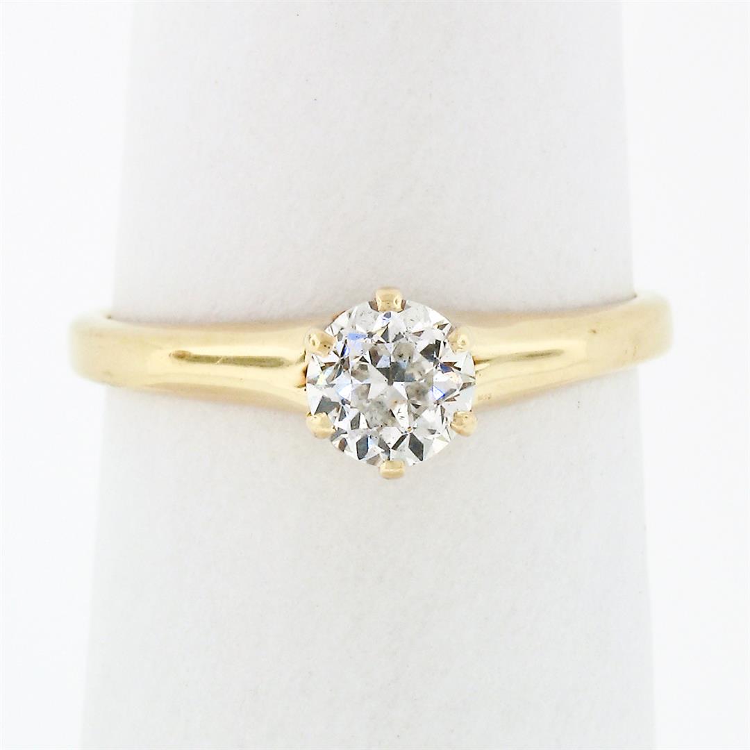 Antique Victorian 14k Gold 0.50 ctw Old Mine Cut Diamond Six-Prong Solitaire Rin: A Victorian solid 14k yellow gold solitaire ring, with 1 old mine cut natural diamond (G - SI1 ; 0.50ct). The ring is size 6.0, weighs a total of 2.37 grams, and measures 5.67mm wide.