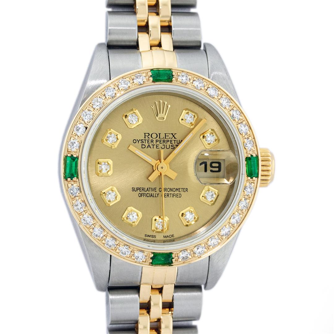 Rolex Ladies 2 Tone 18K Quickset Sapphire Champagne Diamond & Emerald Datejust W: One Ladies 18K Two Tone Pre Owned Rolex Datejust Polished, Serviced & Electronically Tested, 18K Yellow Gold & Stainless Steel Case: 26mm, 18K Yellow Gold Crown, Custom Bezel: New 18K Yellow Gold Emer