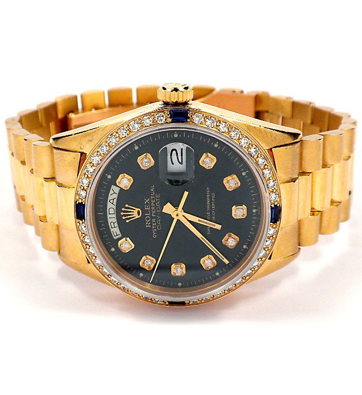 Gents Rolex 18KT Gold DayDate Wristwatch A3336: "Gents Rolex 18KT Gold DayDate Wristwatch A3336. Great Condition! BL1588PS. One gents, hand crafted & machine milled Rolex DayDate Model. The president wristwatch electronically tested 18KT yellow gol