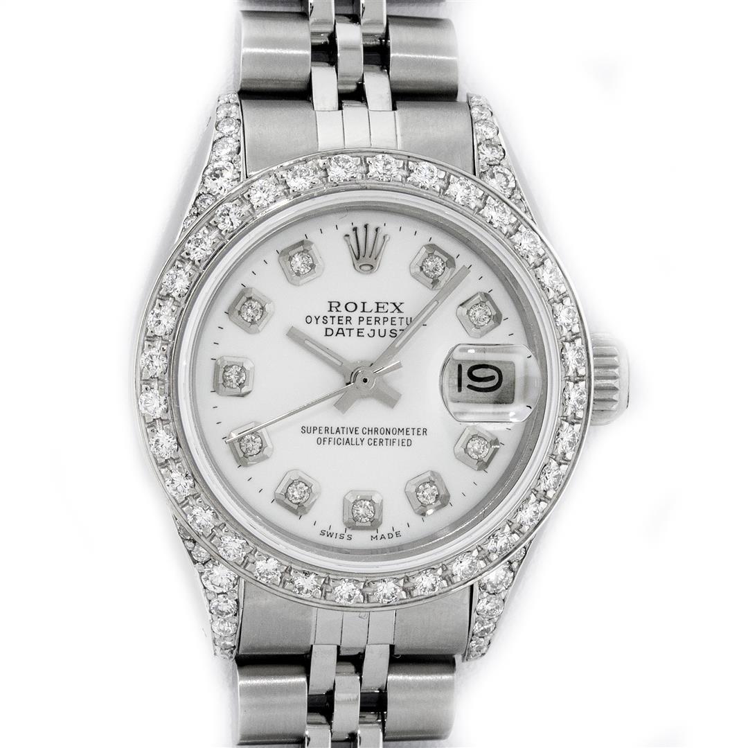 Rolex Ladies Stainless Steel White Diamond Lugs & Datejust Wristwatch: One Ladies Stainless Steel Rolex Datejust Polished Bright with Satin Finish, Serviced & Electronically Tested, Stainless Steel Case: 26mm, Stainless Steel Crown, Diamond Lugs: 24 Diamonds On Lugs, Cla