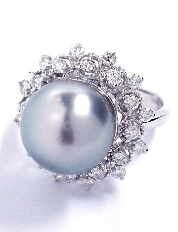 14KT White Gold Tahitian Pearl and Diamond Ring A3345: "14KT White Gold Tahitian Pearl and Diamond Ring A3345. New Condition! BZ106ER. One electronically tested 14KT white gold ladies cast Tahitian cultured pearl and diamond ring. Good workmanship. The fe